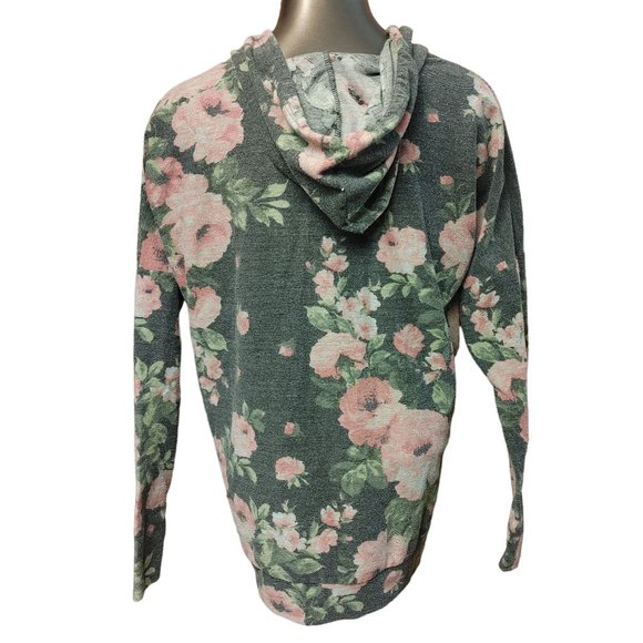 Free Kisses Women's Gray/Pink Floral Hooded Light Sweater XL - Picture 2 of 4